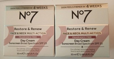 Lot Of 2 No7 Restore & Renew Fragrance Free Day Cream Spf25 Exp-10/2027