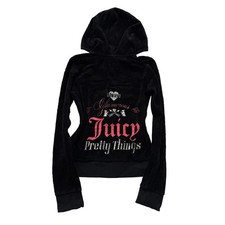 Juicy Couture Womens Black Velour Full Zip Hoodie Graphic Logo Loungewear Size L