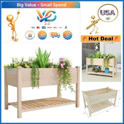 Outdoor Raised Garden Bed 48'' Fir Wood Planter Box with Shelf and Drainage