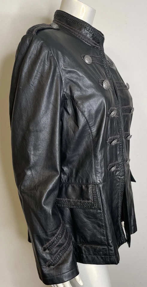 Double D Ranch Black Leather Military Jacket L Pockets Silver Eagle Button Braid - Image 4 of 4