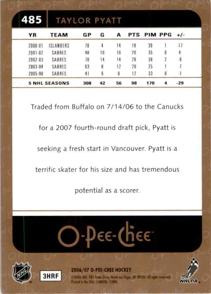 2006-07 O-Pee-Chee Taylor Pyatt #485 - Image 2 of 2