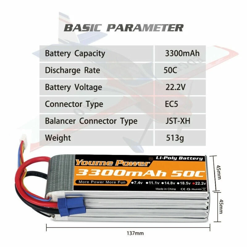2pcs 22,2V 3300mAh 6S Lipo Akku EC5 für RC Hubschraub Boot Flugzeug Auto Lkw - Bild 4 von 4