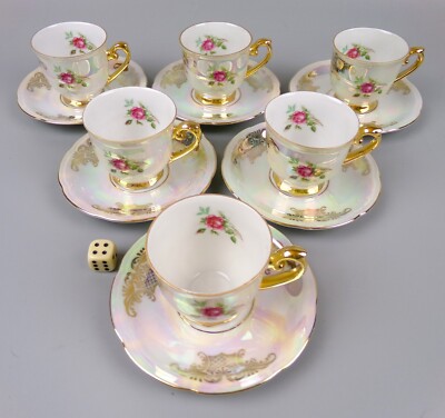 6 Zimco Demitase Tassen. Irisierende Rose Tschechisches Porzellan. Vintage Kaffeeservice 100ml