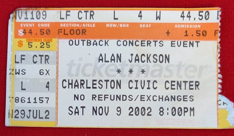 2002 ALAN JACKSON CHARLESTON CIVIC CENTER TICKET STUB- 11-9-2002