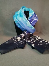 Vintage Cejon Poly Silk Feel Scarf Ombre Rose Pattern black navy blue aqua 13x41
