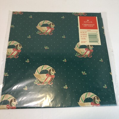 Vintage Hallmark Christmas Wrapping Paper 2 Sheets Green Goose Wreath