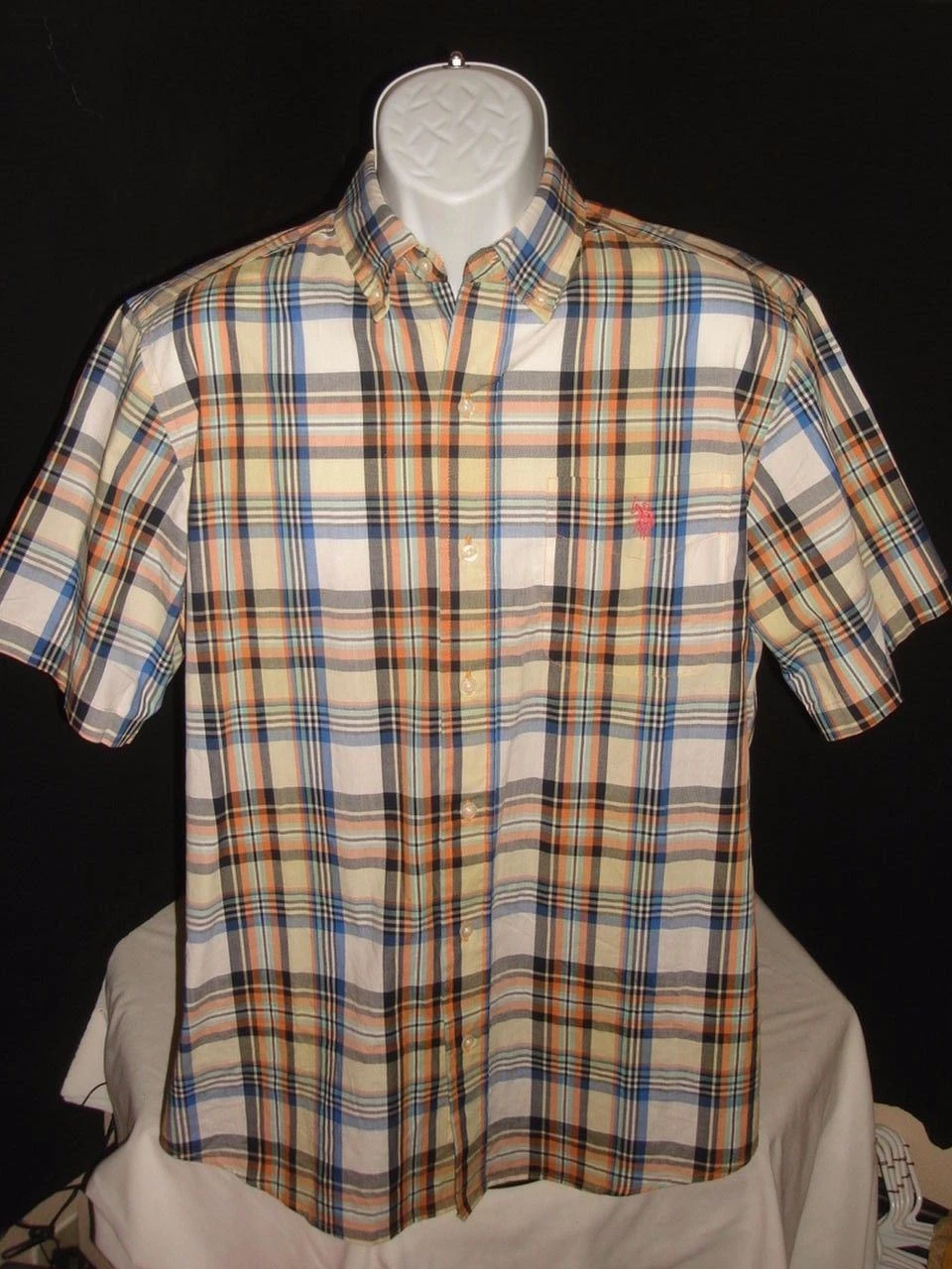 US POLO ASSN BROWN PLAID 100% COTTON S/S BUTTON FRONT SHIRT SZ. M