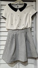 Vintage E-Land Ladies Dress Cap Sleeve Size 160/84A Medium Ivory Black Check EUC