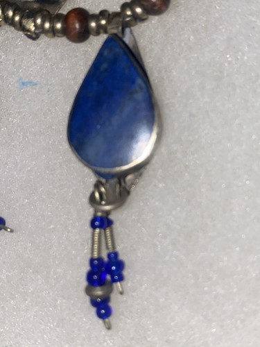 vintage Hand made necklace tribal Blue Lapis Lazuli silver Wood Bead Ceremonial - Picture 9 of 9