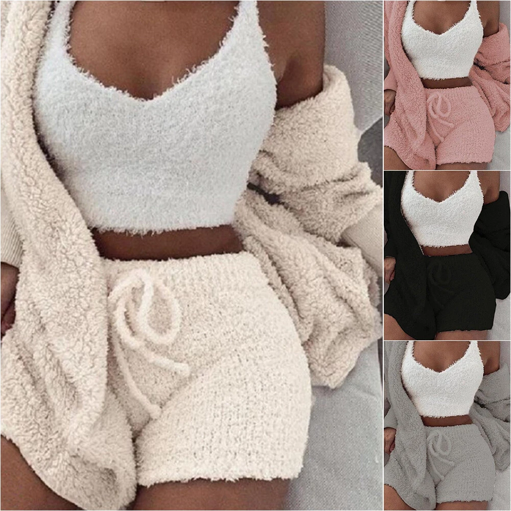 Womens Ladies Fleece Fluffy Set Coat Shorts Cropped Vest Tops