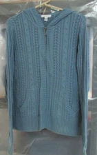 Charter Club Ladies Wedgewood Blue Heavy Cable Knit Hooded  Sweater Jacket