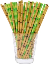 100 Pcs 2 Colors Biodegradable Green Bamboo Paper Straws for Drinking Juices Sha