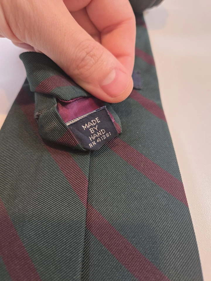 Polo por Ralph Lauren Corbata Para Hombre Verde Borgoña Rayas Hecha en EE. UU. Algodón Seda Foto 4 de 4