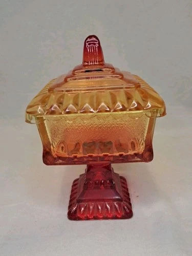 Vintage Jeanette Red Orange Color Pedestal Wedding Cake Box Glass Candy Dish
