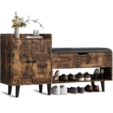Shoe Organizer Storage Bench with Shelf & Cabinet Entryway Bench for Bedroom