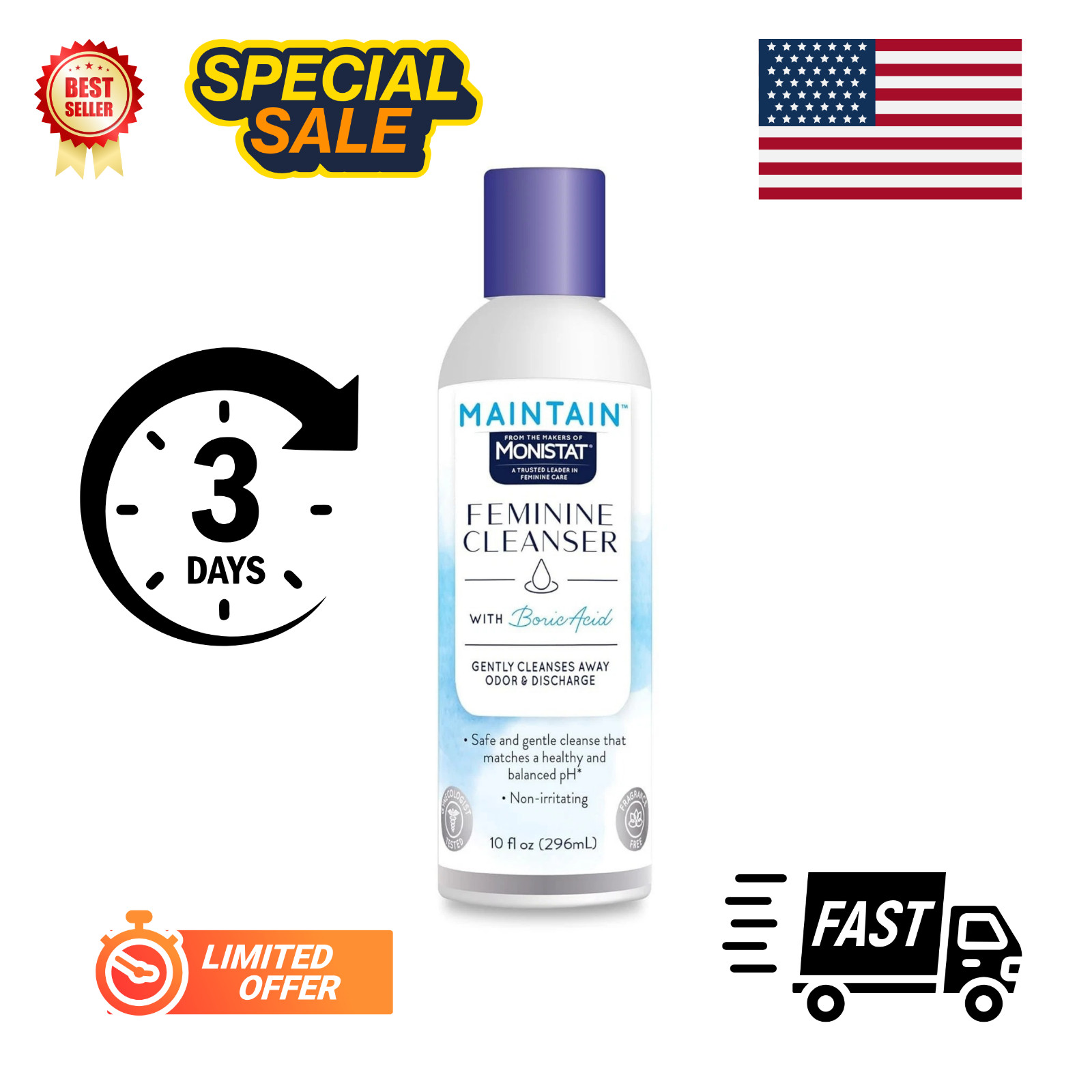 Monistat Boric Acid Feminine Wash, Fragrance-Free Intimate Wash  for Women 10 Fl