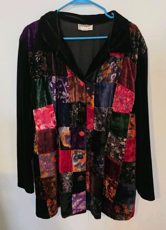 Vintage Statement By New Frontier Velvet Patchwork Lined Blazer Jacket Sz 24 3X 