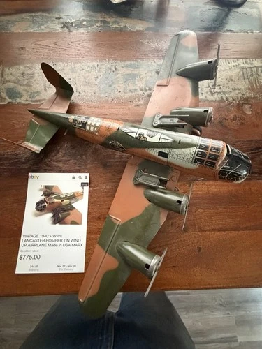 Marx WWII Lancaster Bomber Tin Wind-Up Airplane Vintage 1940s Toy