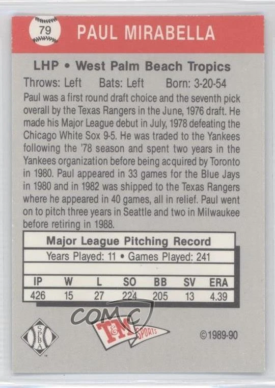 1989-90 T&M Senior Professional Baseball Association Box Set Paul Mirabella #79 - Image 2 of 2