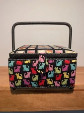 Fabric Covered Cat Themed Sewing Notions Storage Box/Basket with Handle & Stuff