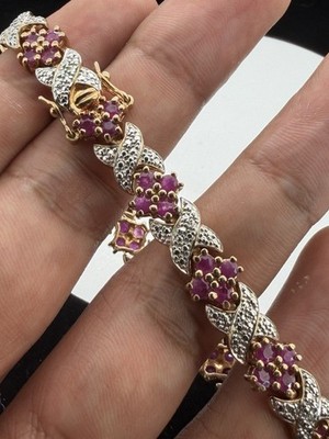 Gelbgold Platte über 925 Sterling Silber Rubin und Diamant 7,25 Zoll Armband