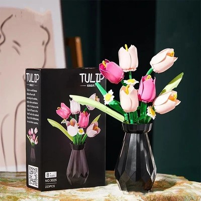 233 Stck. Tulpe Blume Bausteine Blumenstrauß mit Vase Zum Selbermachen Wohndeko Geschenk