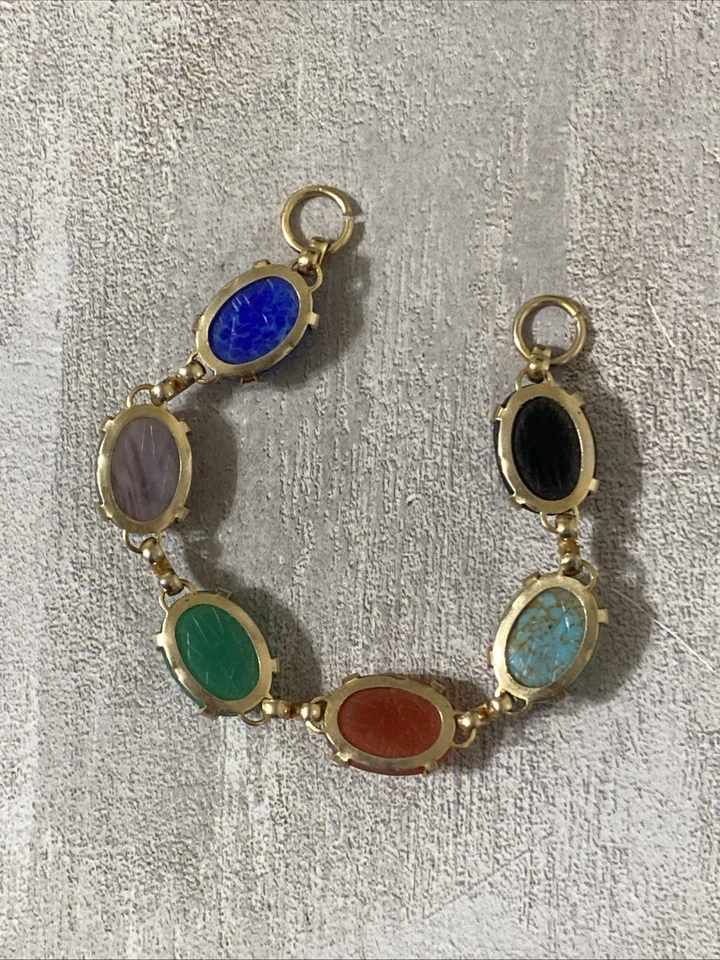 Vintage Carved Scarab Multi Glass Gemstone Link Bracelet Gold Plate NO CLOSURE - Image 4 of 4