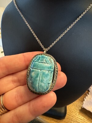 Sterling Set ANCIENT EGYPTIAN ANTIQUE Faience  Scarab Pendant Necklace