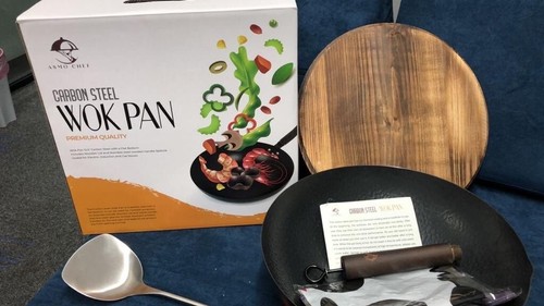 Wok Pan 12.5” Carbon Steel Wok & Stir-Fry Pans Flat Bottom With Lid And Spatul - Picture 14 of 16