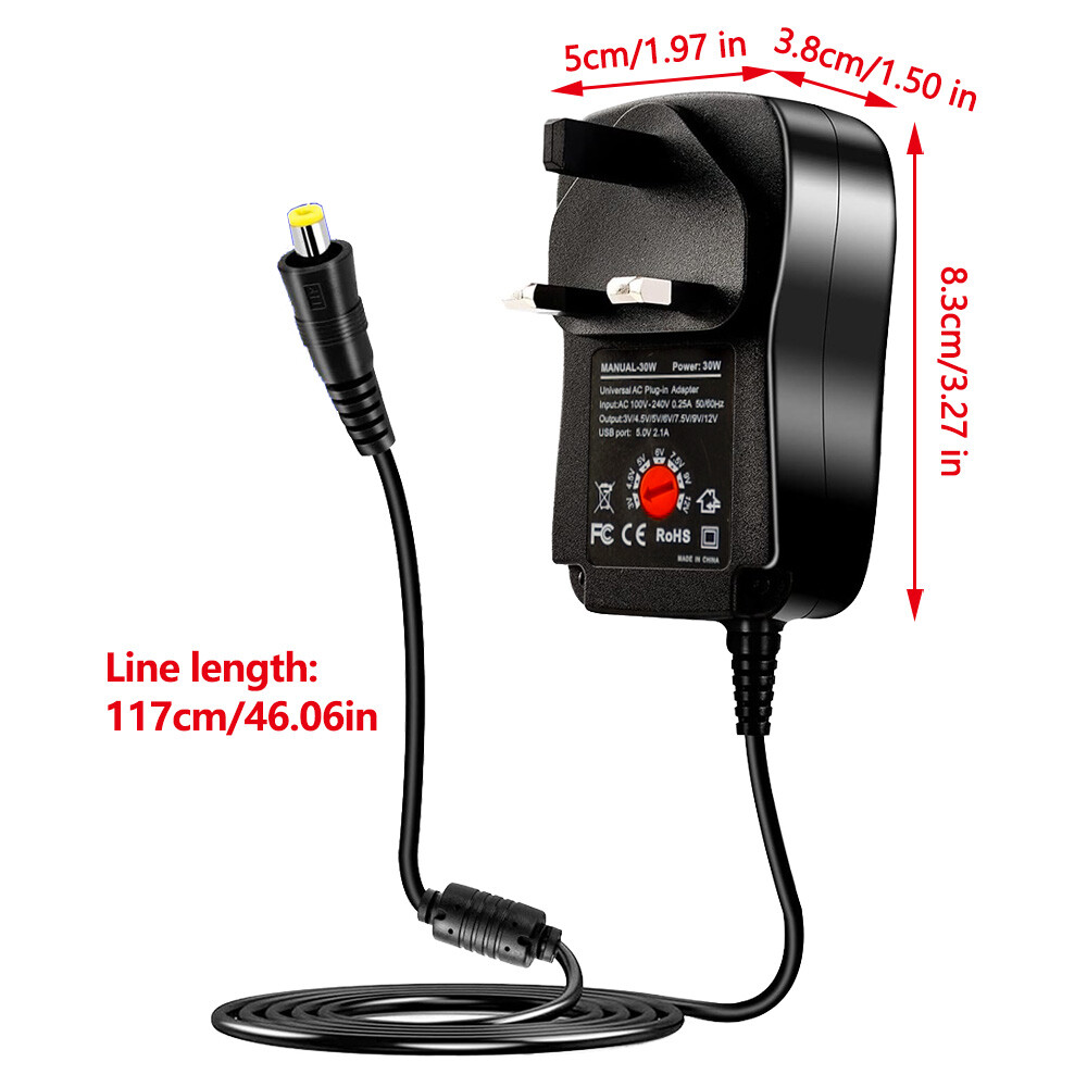 30W Universal AC Adapter Charger - 8 Selectable Voltages (3V To 12V), 1.2m Cable