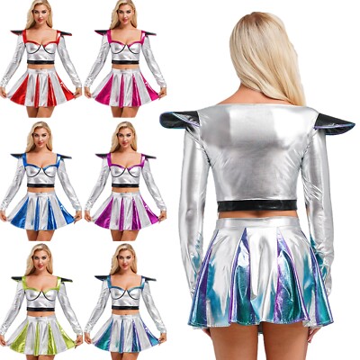 Women Crop Top With Skirt Rave Dress Up Slim Fit Shirt And Skirts
