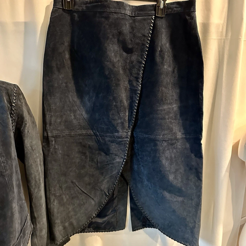 Margaret Godfrey Azul Marino Gamuza Cuero Falda Traje Chaqueta Falda Talla 16 Mujeres Foto 3 de 4