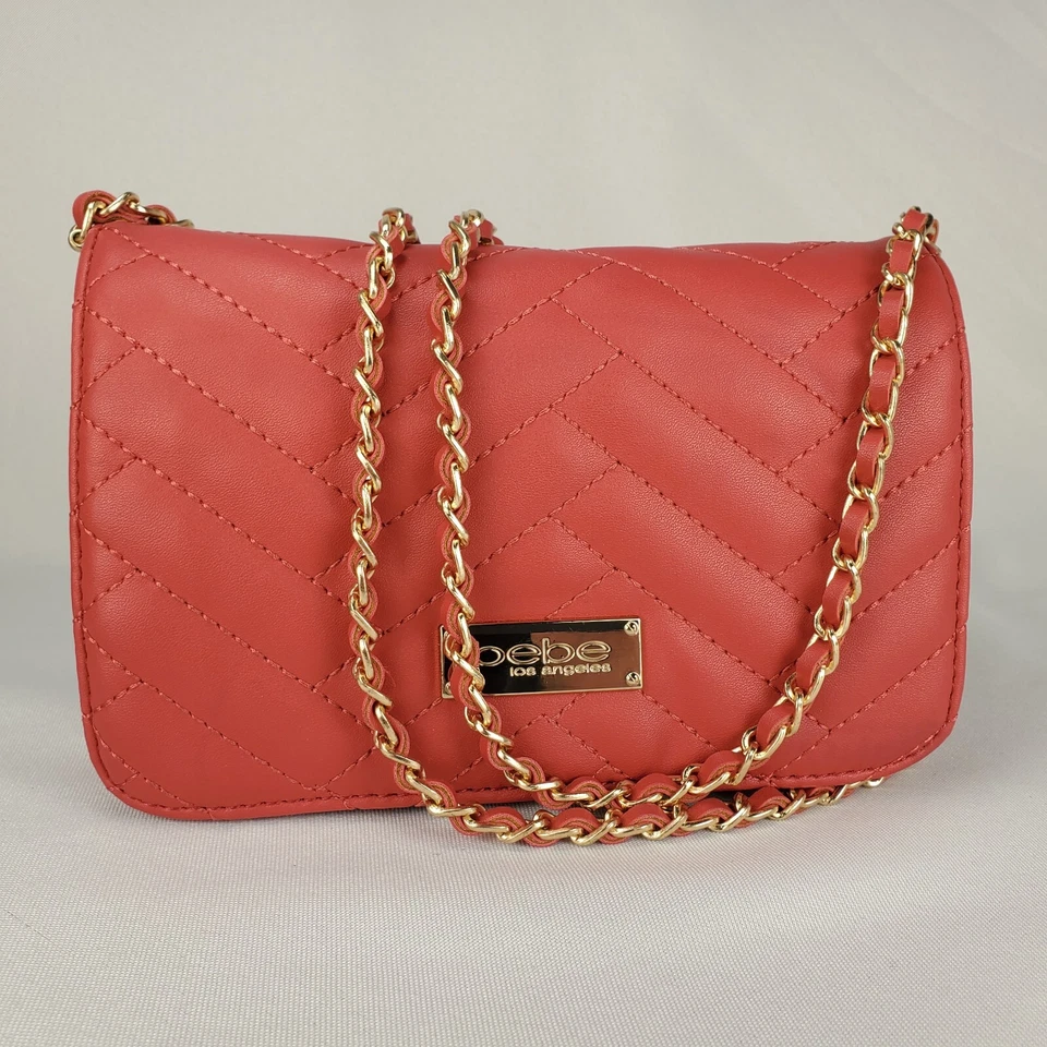 Bebe Sophia Crossbody Quilted Handbag Chain Strap Purse Shoulder Cherry Red  - Image 4 of 4