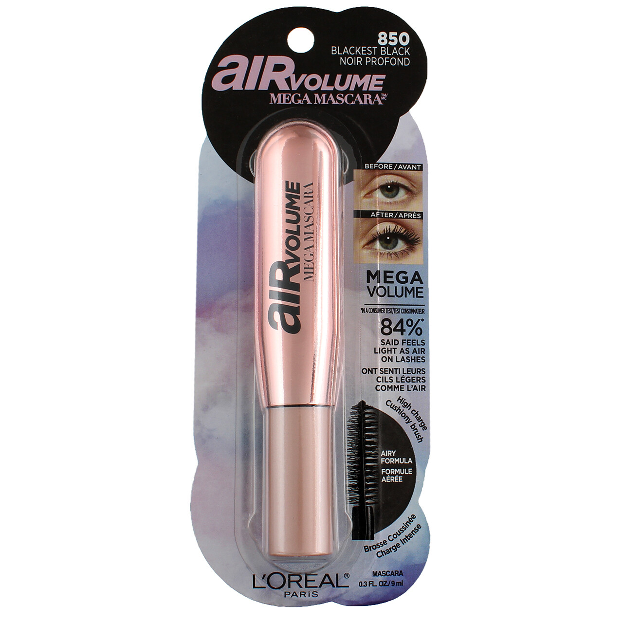 5 Pack L'Oreal Paris AirVolume Mega Mascara, Blackest Black 850, 0.3 fl oz