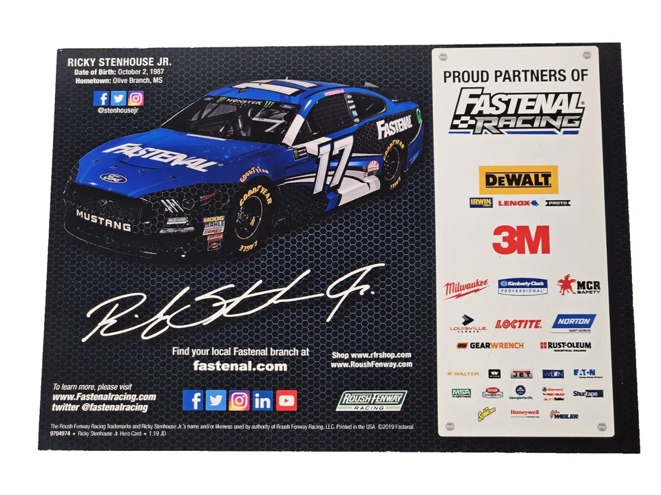 Tarjeta de héroe publicitaria 2019 Ricky Stenhouse Jr #17 Fastenal NASCAR 7x5 carreras Foto 2 de 2