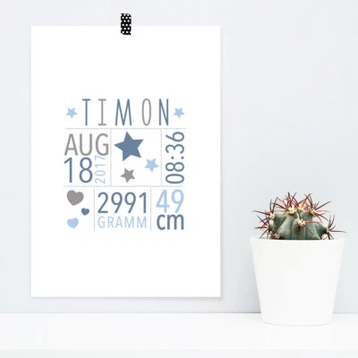 JUNIWORDS Poster "Geburtsposter Sterne und Herzen Blau" DIN A4 A3  Wunsch Geburt - Bild 1 von 4