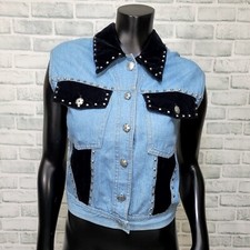 Vintage 90s D. Frank Size S Denim Cropped Vest Studded Black Velour Upcycled