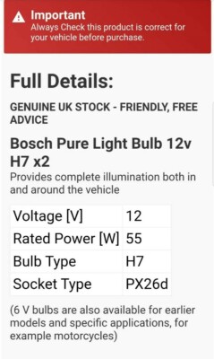 BOSCH Pure Light Headlight Bulb 477 H7 12V A1396 - Twin Pack