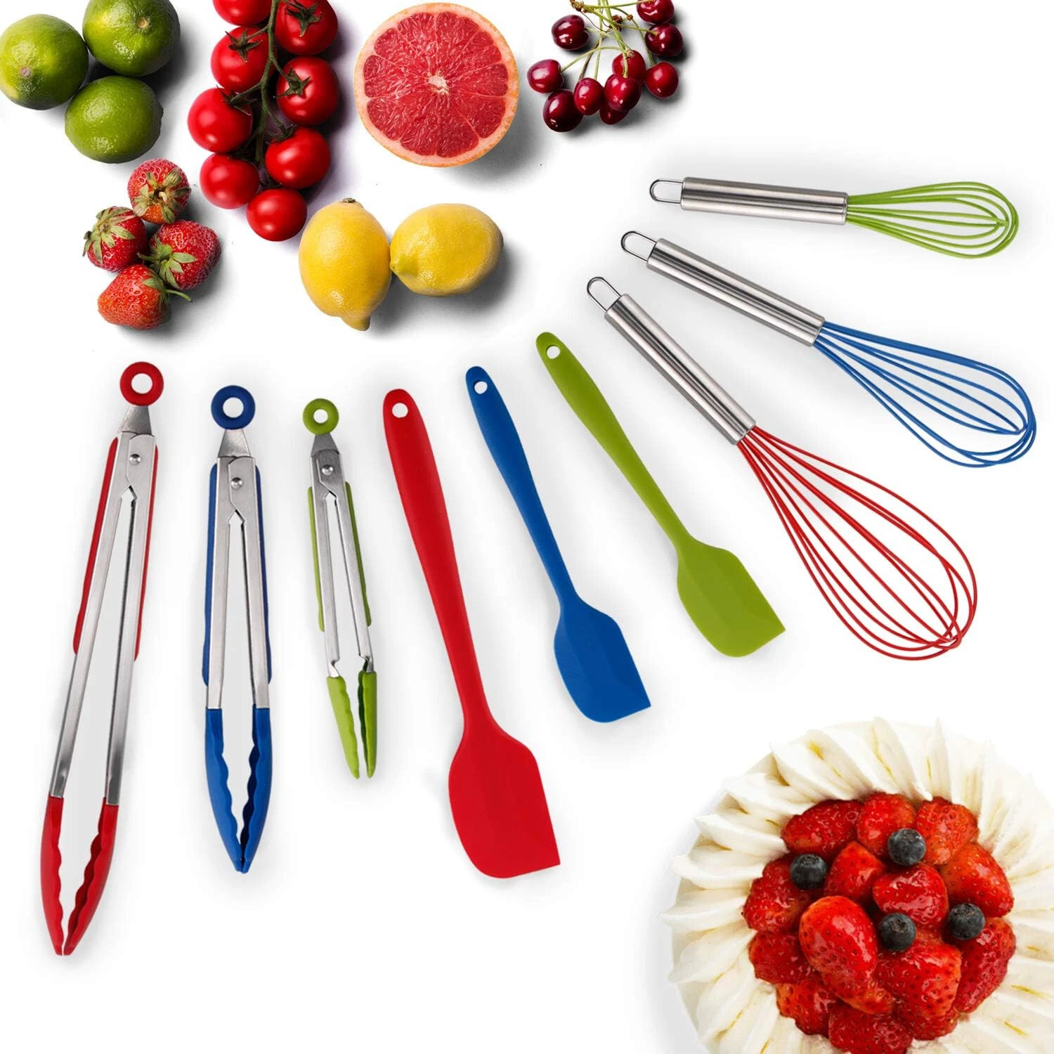 Cooking Set Of 9 - Nonstick Silicone - Tongs (3) Whisks (3) Spatulas (3)