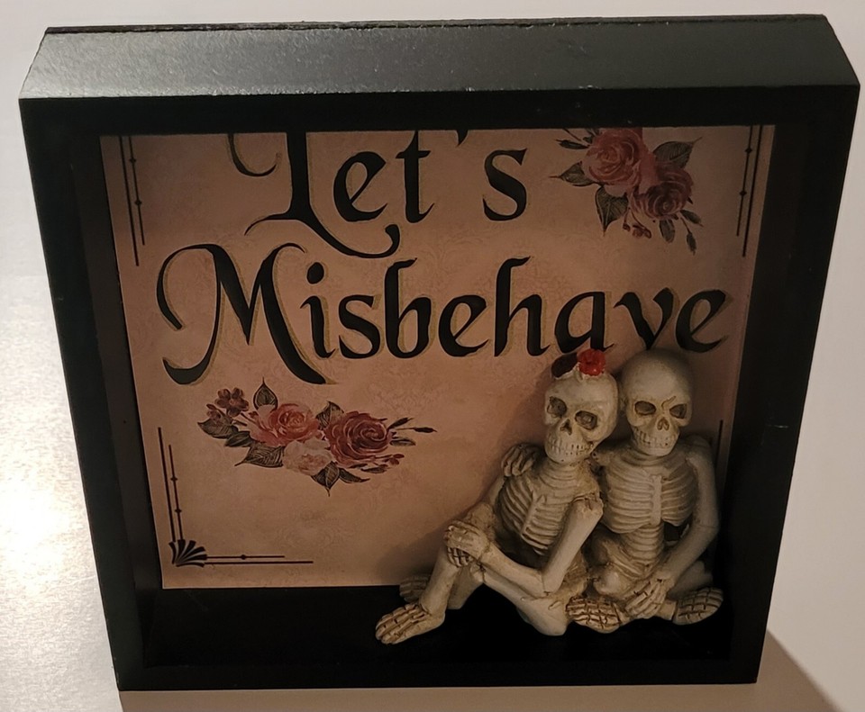 HALLOWEEN "LET'S MISBEHAVE" Skeleton Couple Dark Romance Tabletop Decor