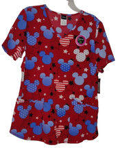 Disney Mickey Mouse 4th of July V Neck Medical Scrub Top Women's Red Stars M