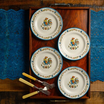 RARE (4) 60s Vintage METLOX POPPYTRAIL ROOSTER BLEU Dessert Plates 
