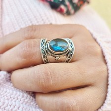 Genuine Labradorite Ring 925 Sterling Silver Oval Gemstone Handmade Boho Jewelry