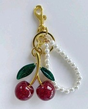 Glitter Red Cherry Bag Purse Charm With Pearl Beads String Keychain Bronze Resin