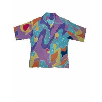Abstract Retro Textured Button Front Shirt Colorful Crinkle Top 80s