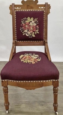 Antique Victorian EASTLAKE Walnut & Needlepoint Carved Fire Place Side Chair
