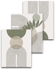 Boho Sage Green Canvas Prints Set of 3 – Modern Geometric Wall Art for Living...