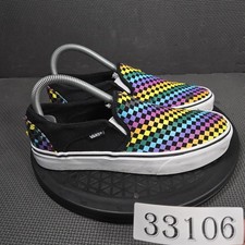 Vans Classic Slip-On Shoes Womens Size 8 Rainbow Checkerboard Black Canvas Skate
