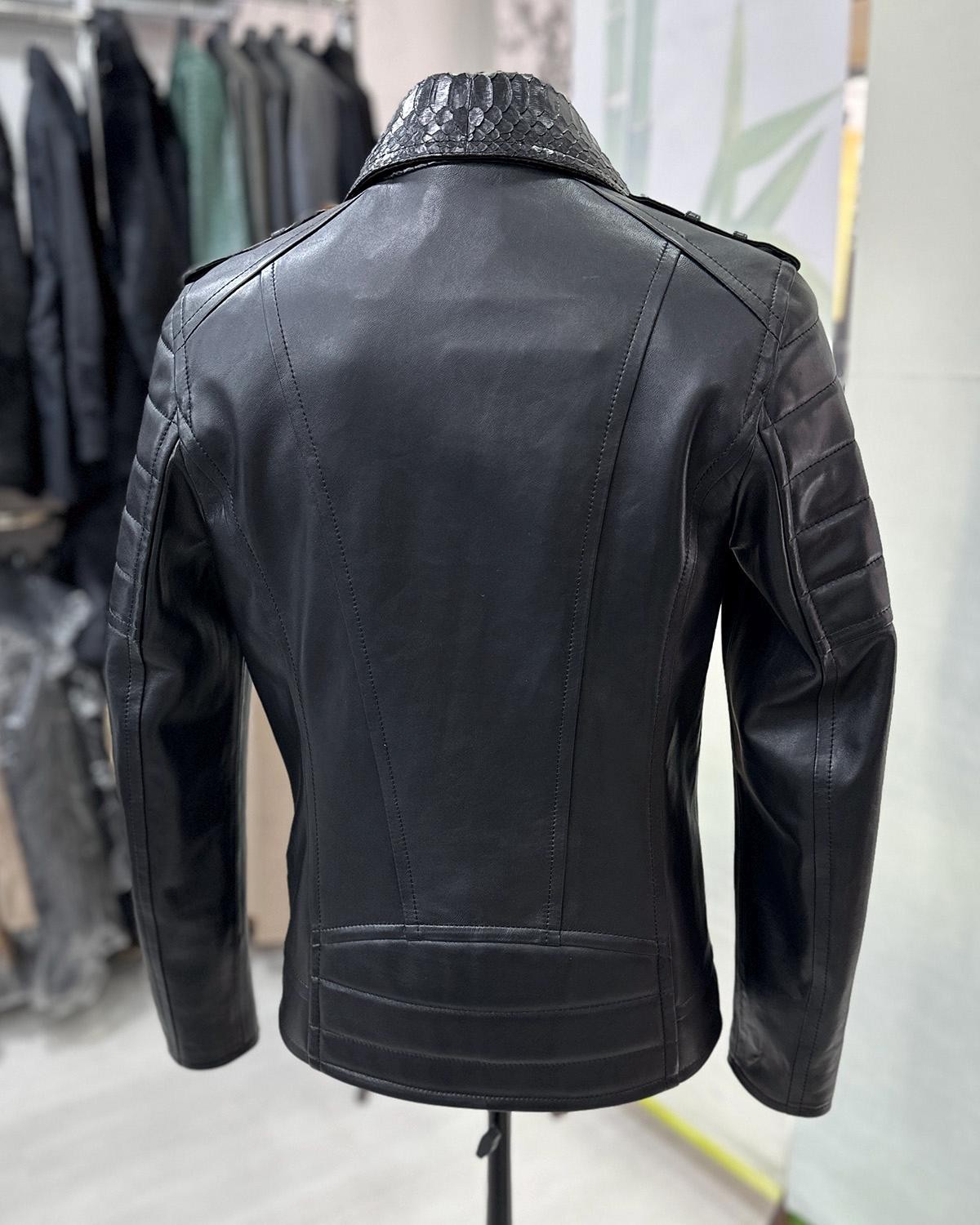 Men's Real Python Skin Trim Genuine Leather Black Luxury Motorcycle Biker Jacket image 7