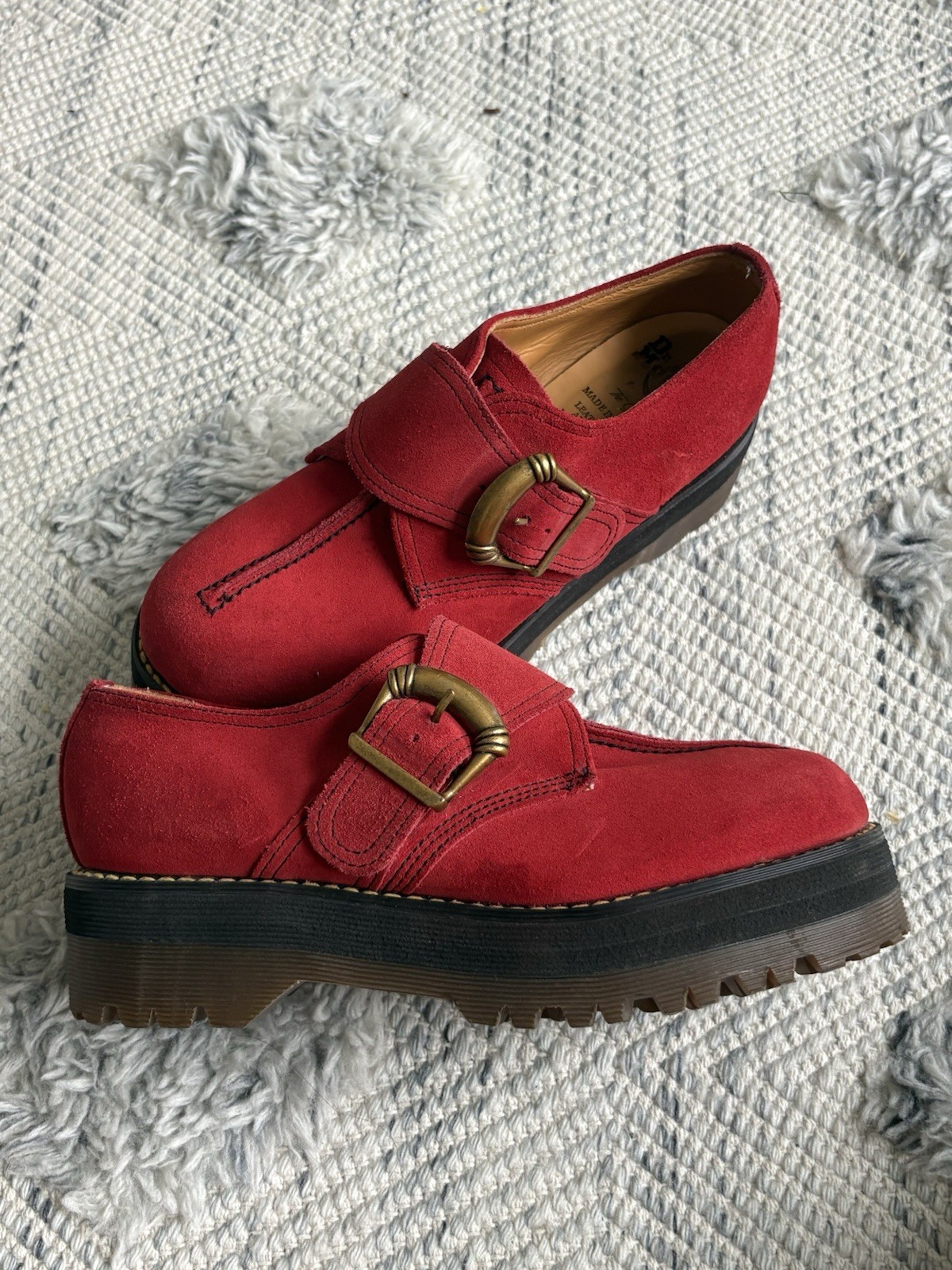 Dr Martens Vtg MIE Red Suede UK 6 Monk Strap Buckle Platform Boot EUC Crazy Bomb image 6